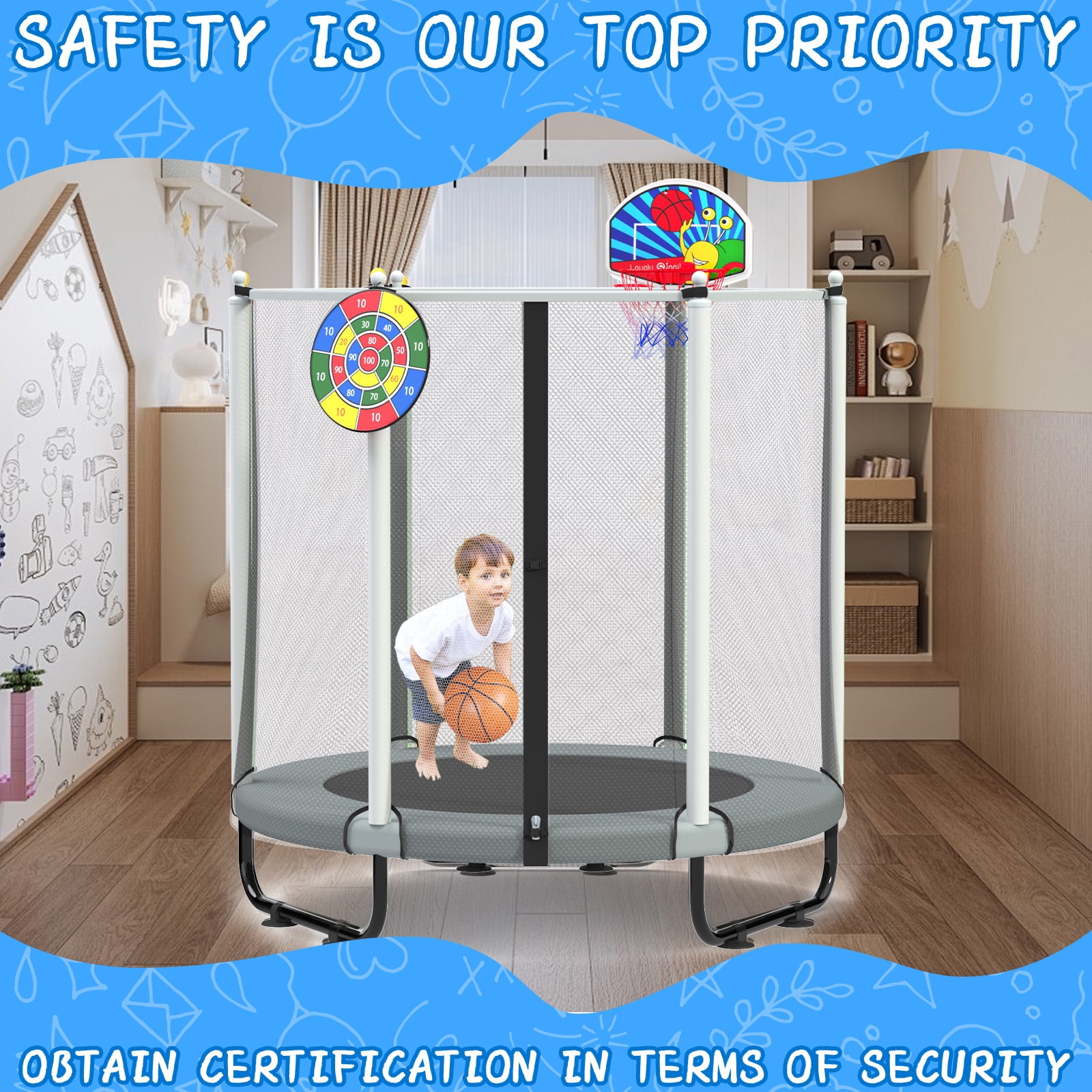 ACWARM HOME 5FT Toddler Trampoline For Kids 60" Mini Size Indoor&Outdoor With Safety Net Gift for Boys & Girls 440Lbs,Gray