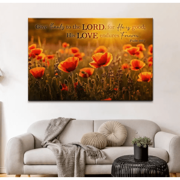 Psalm 107:1 Flower Christian Framed Canvas Wall Art, Bible Verse Scripture Home Decor for Office Living Room Bedroom, Inspirational Religious Wall Decor Gift