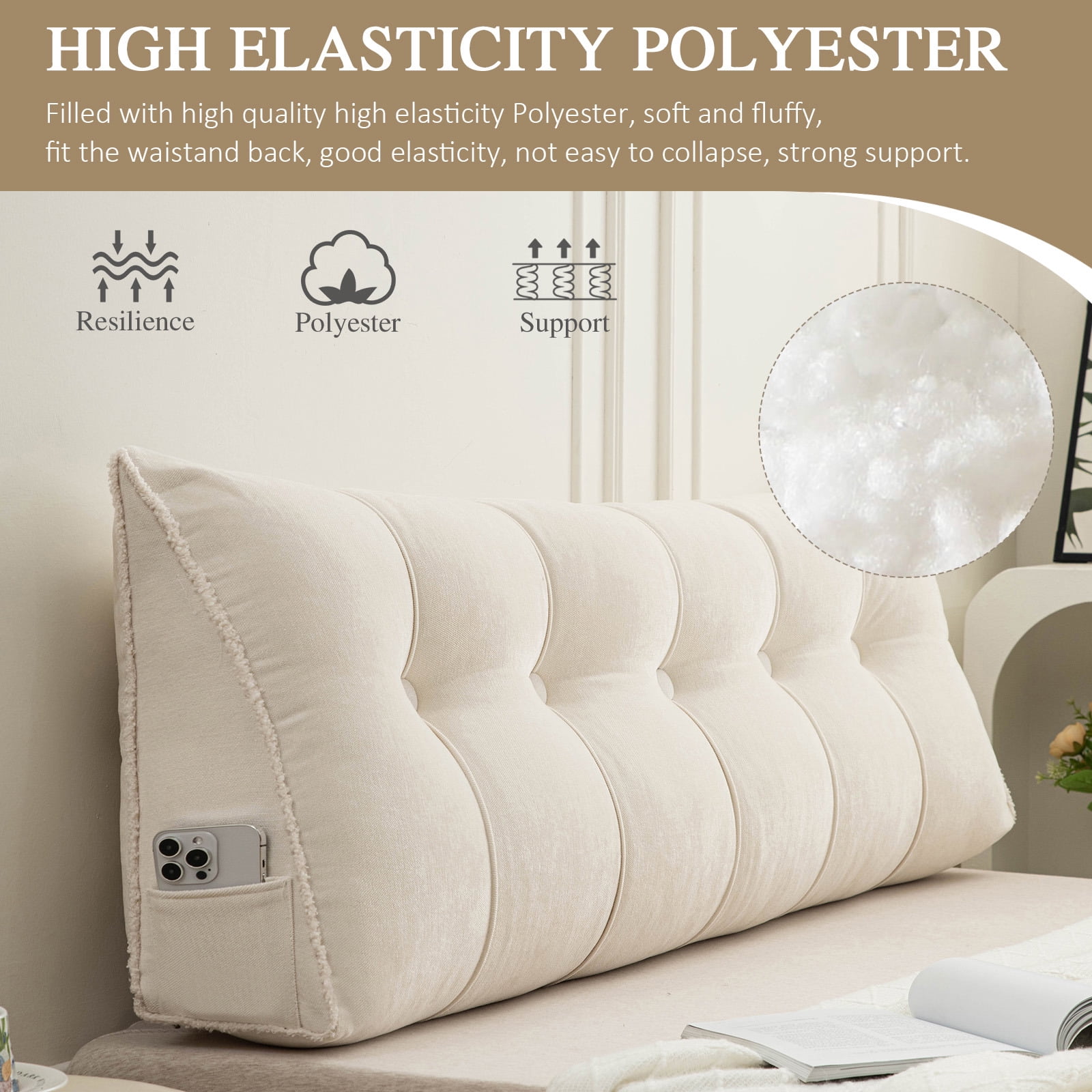 Desirable Life Triangular Headboard Pillow with Side Pockets, Chenille Fabric, Bed Rest Reading Pillow, Removable & Washable Cover, Contrasting-Color Fabric Piping, Daybed Wedge Pillow for Twin Beds