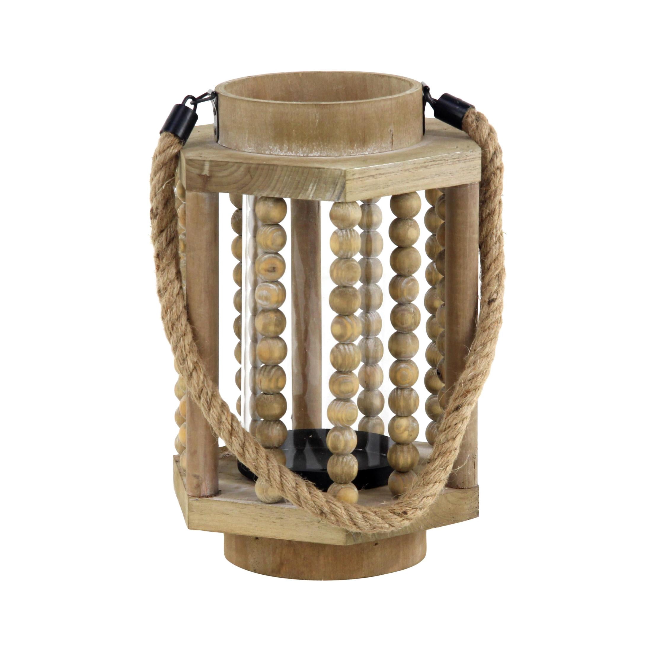DecMode Beige Reclaimed Wood Beaded Decorative Candle Lantern