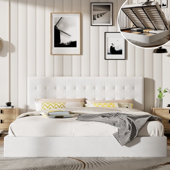 VELOCAVA King Size Upholstered Storage Bed with Lift-up Hydraulic Storage, Button Tufted Headboard, White