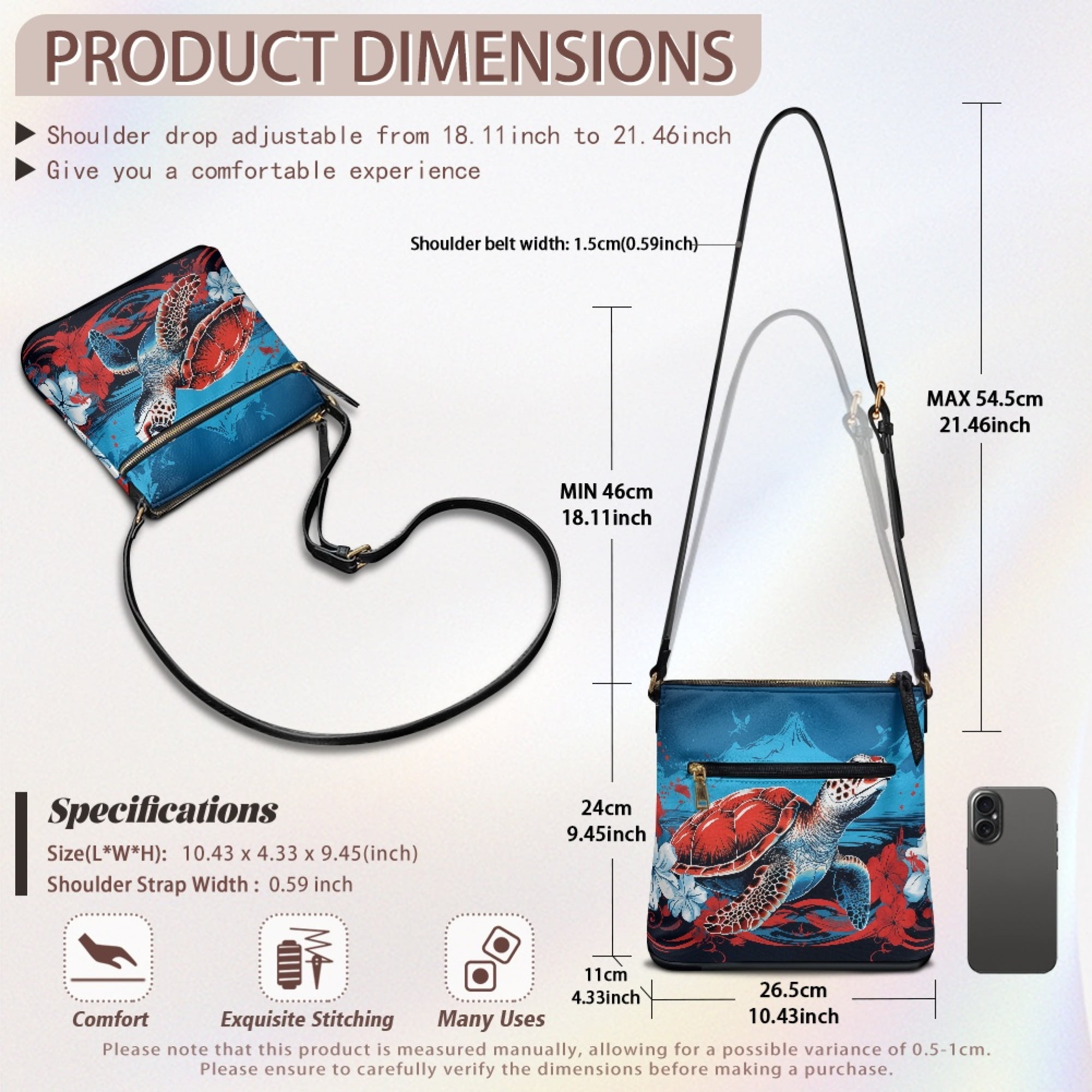 Kuiaobaty Sea Turtle Print Crossbody Bag for Women Medium Size, Lightweight Waterproof Vegan Leather Crossbody Purse with Adjustable Strap, Roomy Multi Pockets Travel Hobo Bag with Zipper