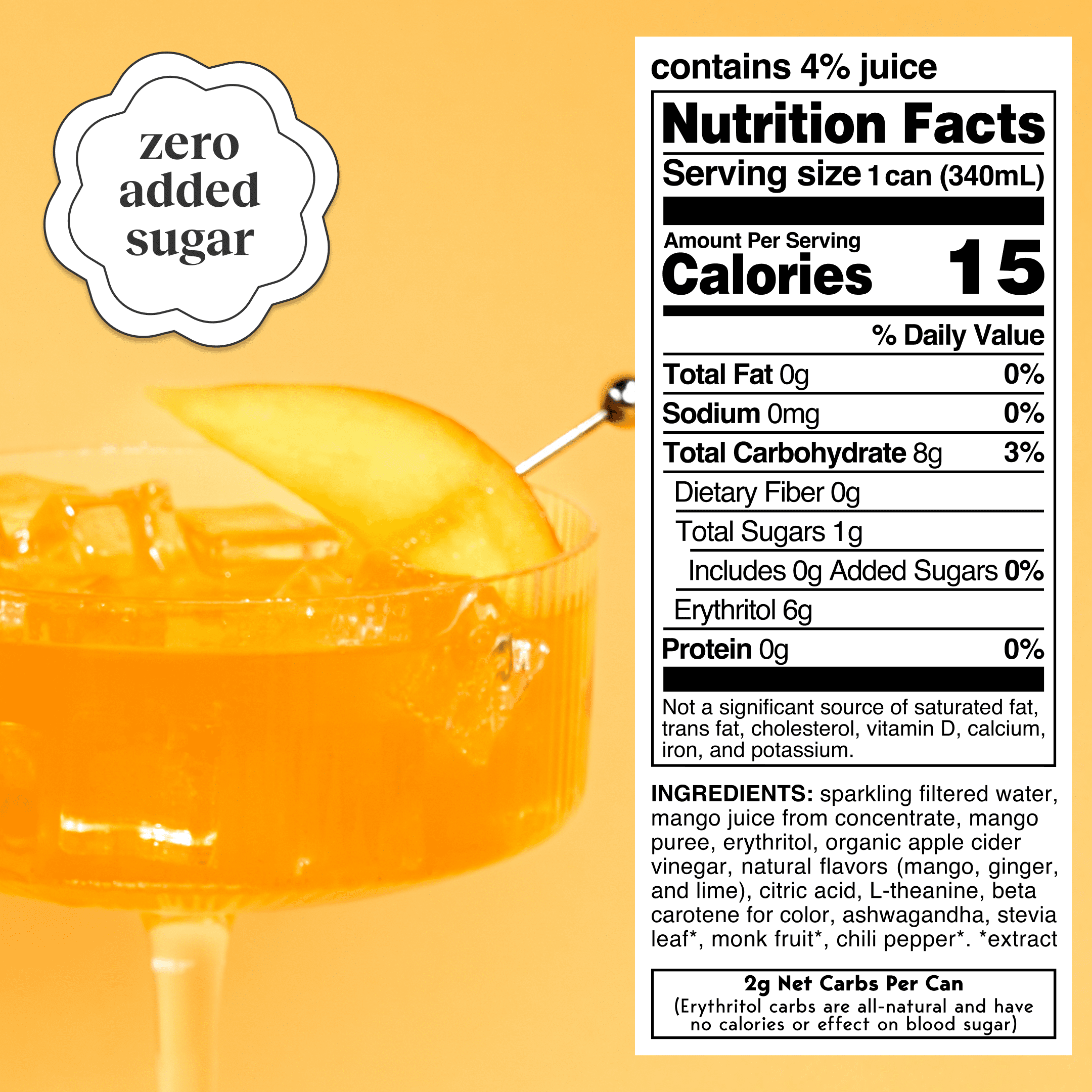 Moment Adaptogen Drink Mango Glow Sparkling Soda, 11.5 Oz, 12 Pack Cans