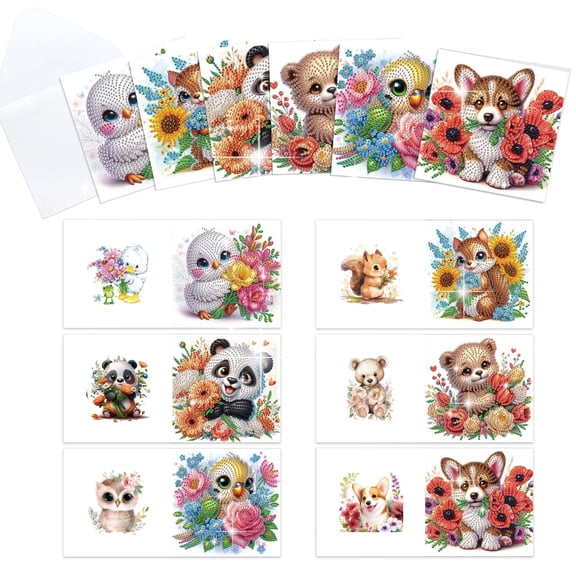 6pcs Diamond Painting Kit Greeting Cards, Floral Bear Theme 5D Handmade Art Birthday Holiday Gift Cards with Envelopes