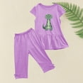 thumbnail image 5 of Odeerbi Kids Girls 2 Piece Outfits Ruffle Tops Capris Set Summer Clothes Floral Print Round Neck Short Sleeve Flying Sleeves Top Elastic Waist Cropped Pants Two-piece Set Purple, 5 of 5