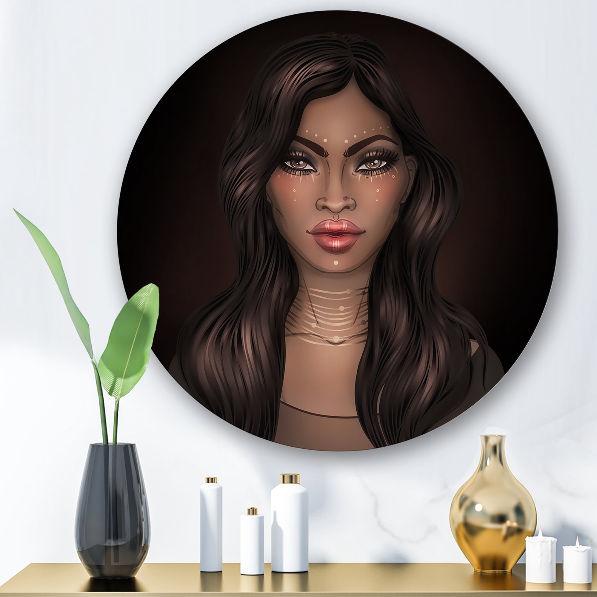 Designart 'Portrait of Afro American Woman IV' Modern Circle Metal Wall Art 11x11 - Disc of 11