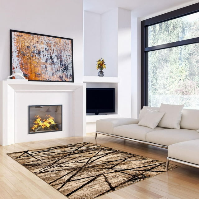 Ecarpet Contemporary Indoor Area Rug from the Ceyla Collection featuring an abstract design with brown and black lines on beige, placed in a bright living room with white sofa, fireplace, and large window.