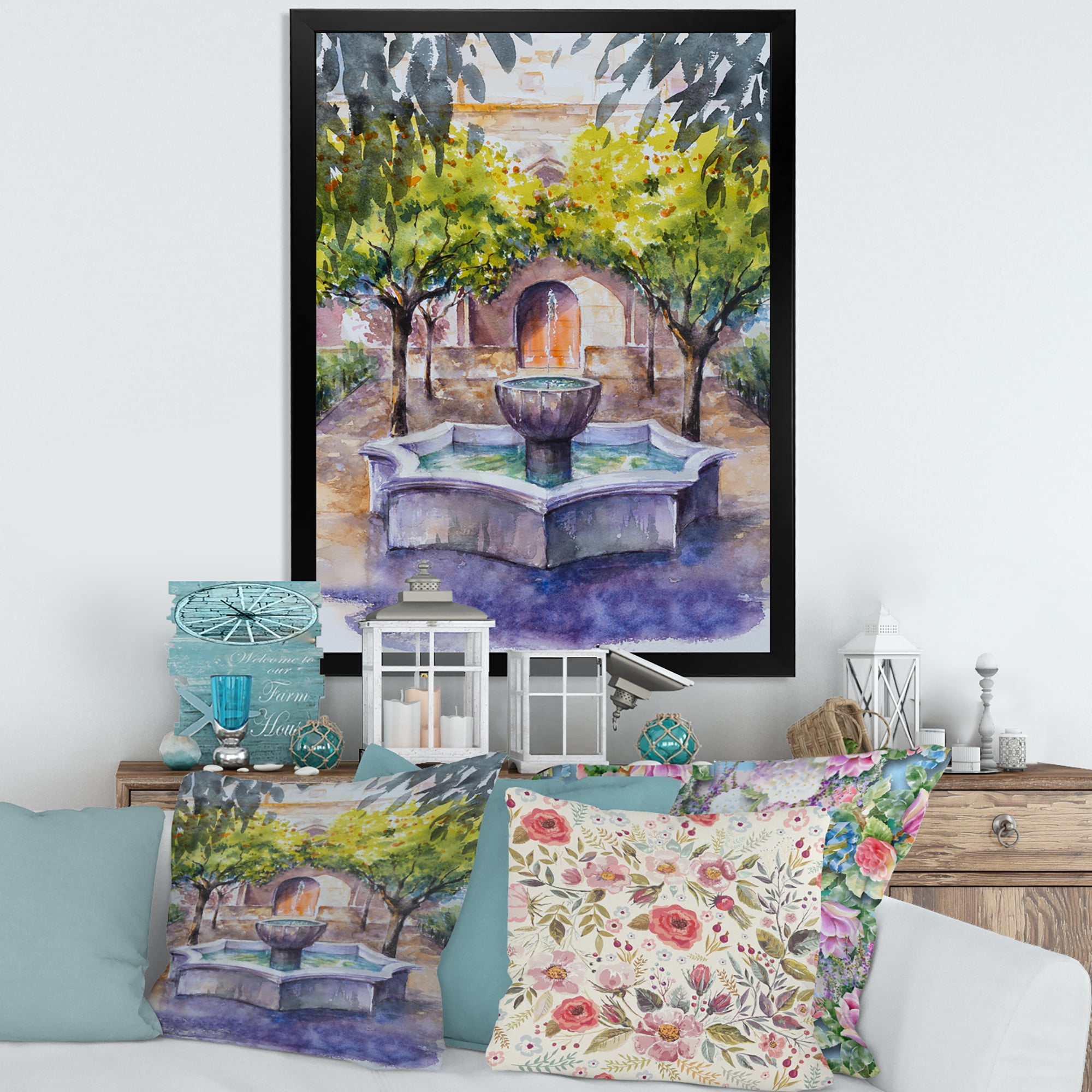 Designart 'Small Fountain With Trees In The Village House' Country Framed Art Print