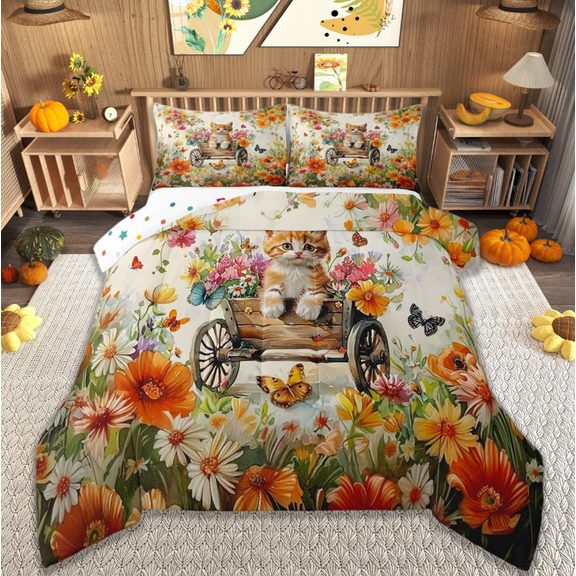 jejeloiu Colorful Flower Floral Bedding Comforter Set,Kawaii Kitten Twin Comforter Sets,Rustic Farmhouse Cabin Bedding Set For Children,Breathable Home Decor Reversible,2 Pieces
