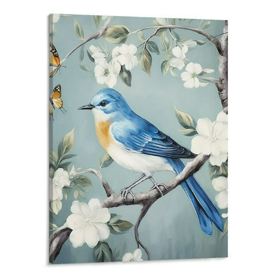 Shiartex Blue Bird Wall Decor Bird Pictures Wall Decor Blue Bird Picture Vintage Bird Wall Decor Plum Blossom Elegant Painting with Birds for Bedroom(16x20inch)