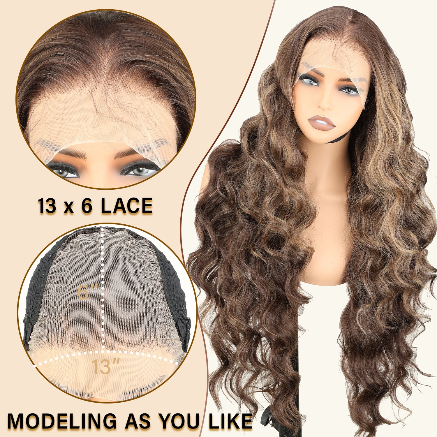 13x6 Lace Frontal Wig Highlighted 32 Inch Body Wave Pre Plucked Babyhair Transparent HD Lace Heat Friendly Highlights Brown Bouncy Synthetic Hair