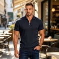 thumbnail image 6 of KLHDSF Men's Textured Knit Polo Shirts 1/4 Zipper Shirts Short Sleeve Casual Lightweight Golf Shirt Navy L, 6 of 7