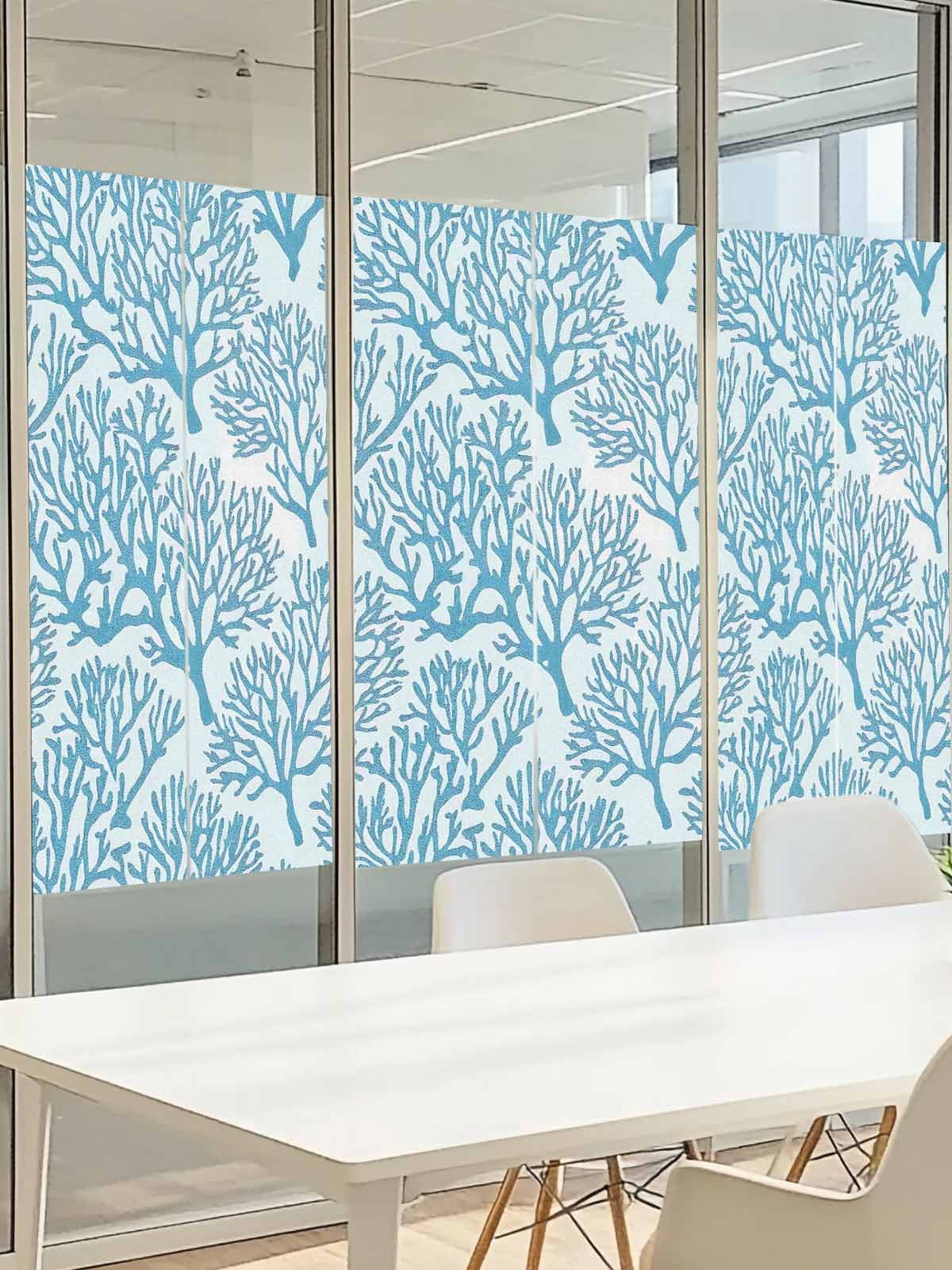Watercolor Coral Window Privacy Film, Light Blue Coastal Frosted Glass Window Clings Static Cling UV Heat Blocking Reusable Door Sticker for Bathroom 23.6 x 59 Inch