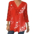 thumbnail image 1 of DYMADE Womens 3/4 Sleeve V-Neck Button Pullover Summer Lace Stichting Casual Blouse, 1 of 2