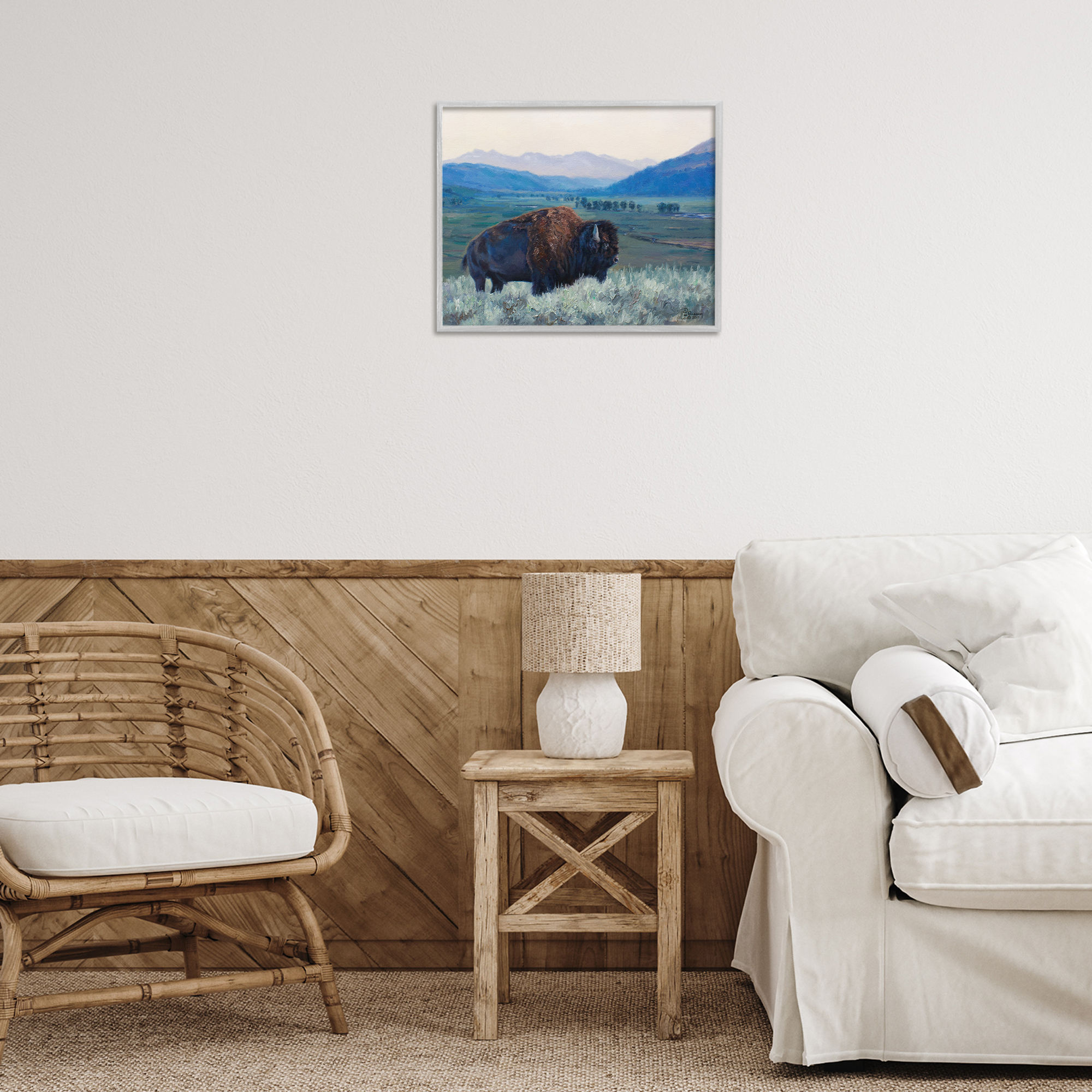 Stupell Industries Bison & Country Mountains Animals & Insects Painting Gray Framed Art Print Wall Art, 20 x 16