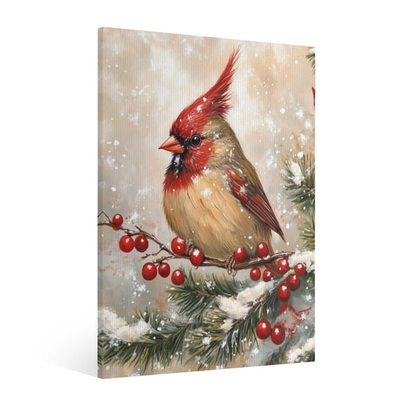 Vintage Christmas Northern Cardinal bird Wall Art Paint Framed - Retro Xmas Festive Winter Holiday Christmas Wall Decor Canvas Print for Living Room Kitchen Bathroom Home Bedroom Decor