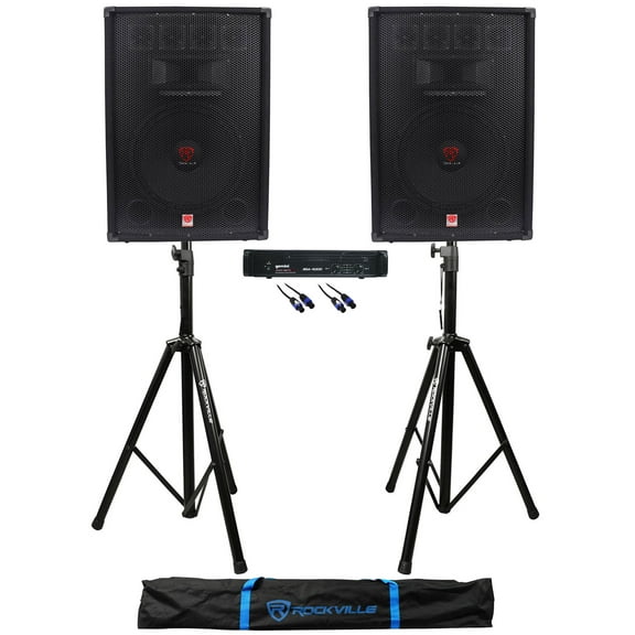 2) Rockville RSG15.4 15" 1500w DJ/Pro PA Speakers Gemini Amplifier Stands Cables