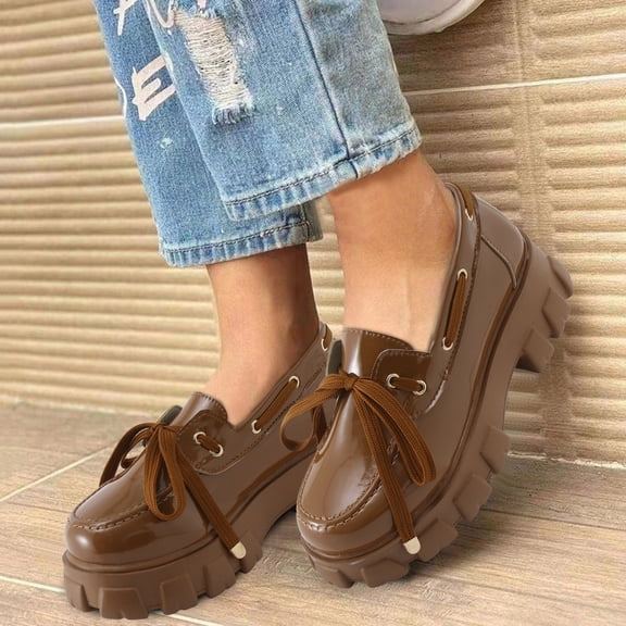 Vedolay Ladies Casual Shoes Women's Shoes Lug Sole Slip On Low Heel Platform Penny Loafers,Black 8.5