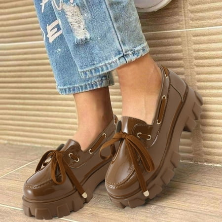 

Cathalem Ladies Fashion Solid Color Leather Bow Casual Single Shoes Round Toe Thick Soled Small Women s Casual Shoes with Support Brown 7.5