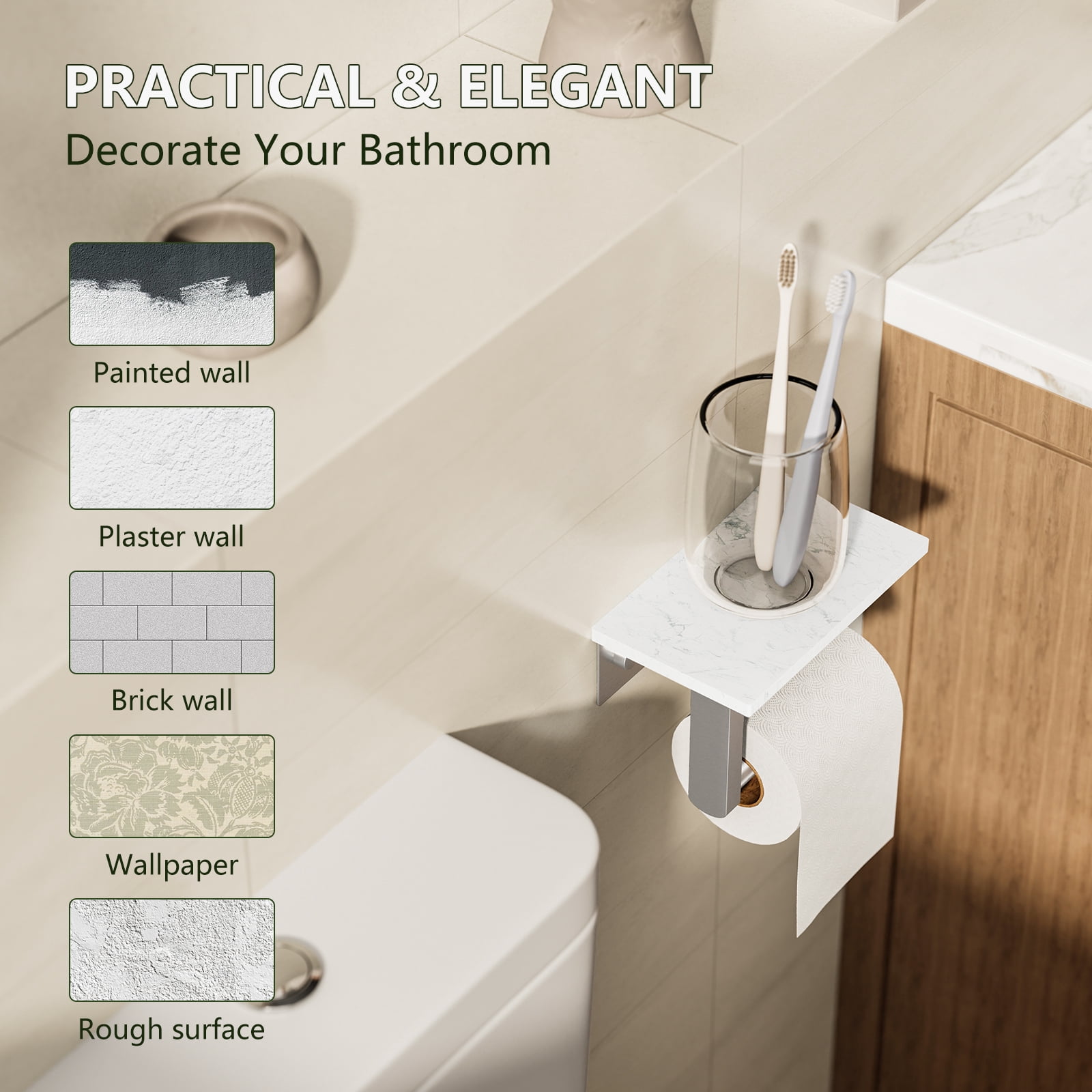 Wall Mount Toilet Paper Holder with Marble Shelf, Brushed Nickel