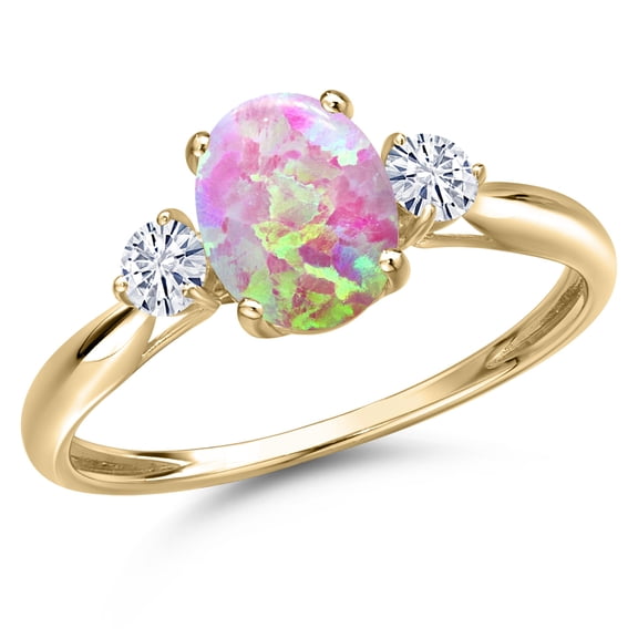 Gem Stone King 10K Yellow Gold Simulated Pink Opal and White Moissanite 3-Stone Ring for Women | 1.25 Cttw | Oval Cabochon 8X6MM | Gemstone October Birthstone | Size 8