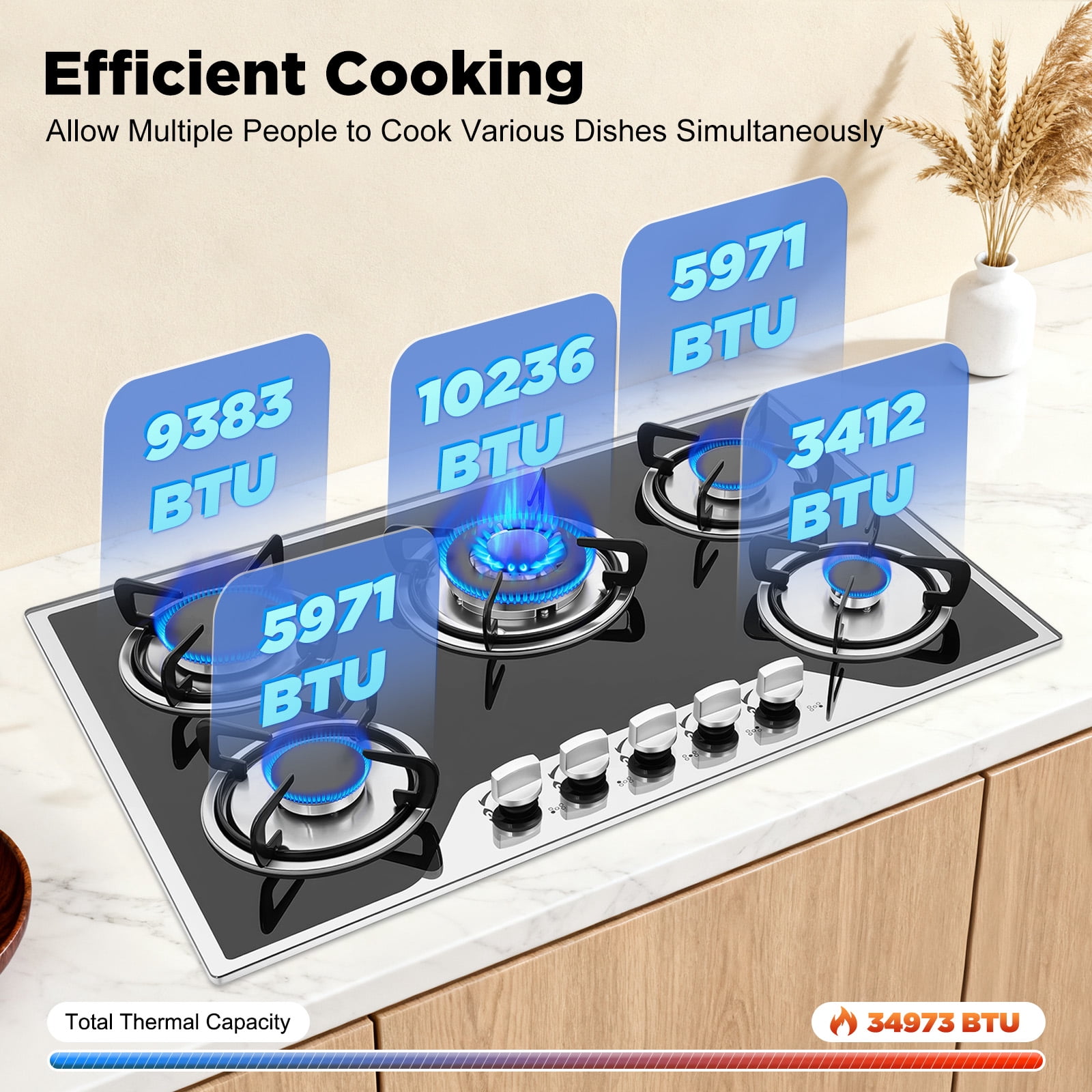 Built-in Gas Cooktop, 5 Burners Gas Stove with Tempered Glass Smooth Surface Automatic Pulse Ignition Countertop Stove Perfect for Kitchen, NG/LPG Convertible (30 Inch)