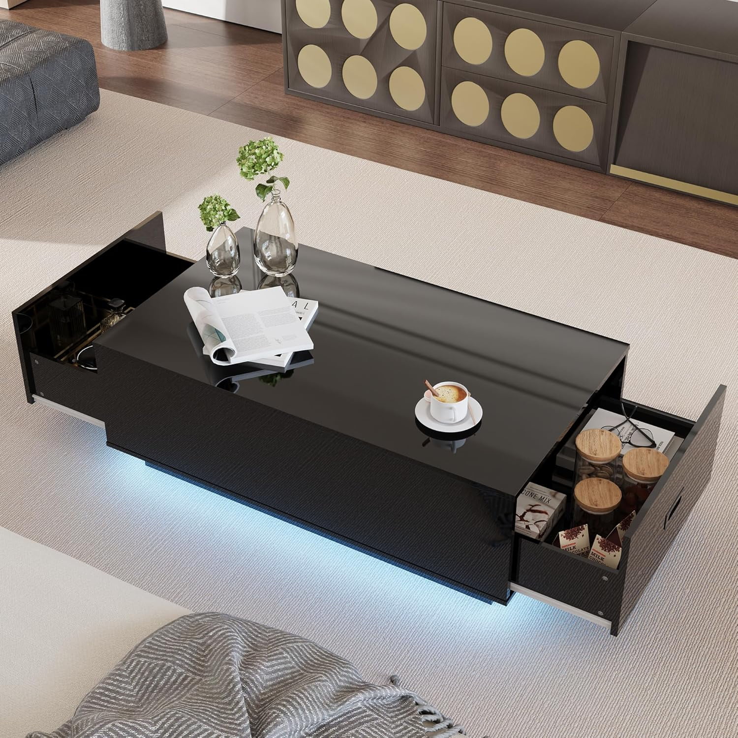 DIYART Black High Glossy Coffee Table, led Coffee Table with 2 Drawers, Modern Coffee Table for Living Room, Coffee Table with LED