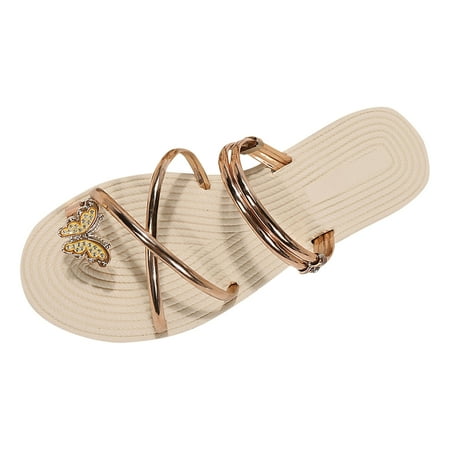 OJSFQUFP Sandals Women Dressy Summer Women Slippers Fashion New Pattern Butterfly Set Toe Thicksole Flat Bottom Comfortable Non Slip Beach Shoes House Slippers Cute Gold 40