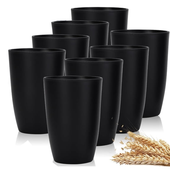 Wheat Straw Cups Set of 8 Plastic Cups Unbreakable Drinking Cup Reusable,Plastic Drinking Tumblers Dishwasher Safe Water Glasses,Drinking Cup for Kitchen Home Parties (16 OZ) (Black)