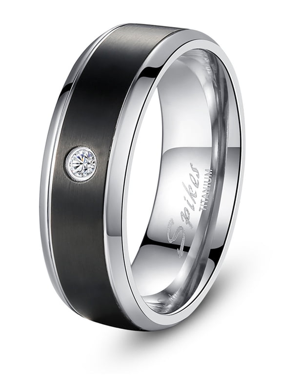 8MM Black Titanium Cubic Zirconia Ring Band Gifts for Men Sizes 9 to 13