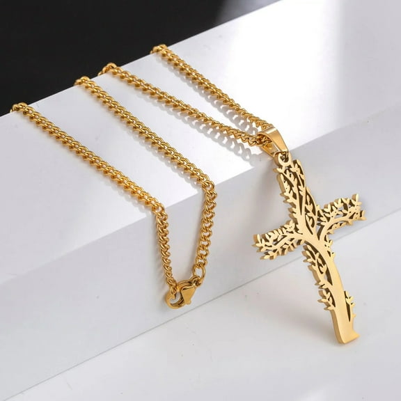 Fashionable 14K Yellow Gold Necklace Cross Arm Tree Of Life Design Unique Elegant Men's Jewelry Item