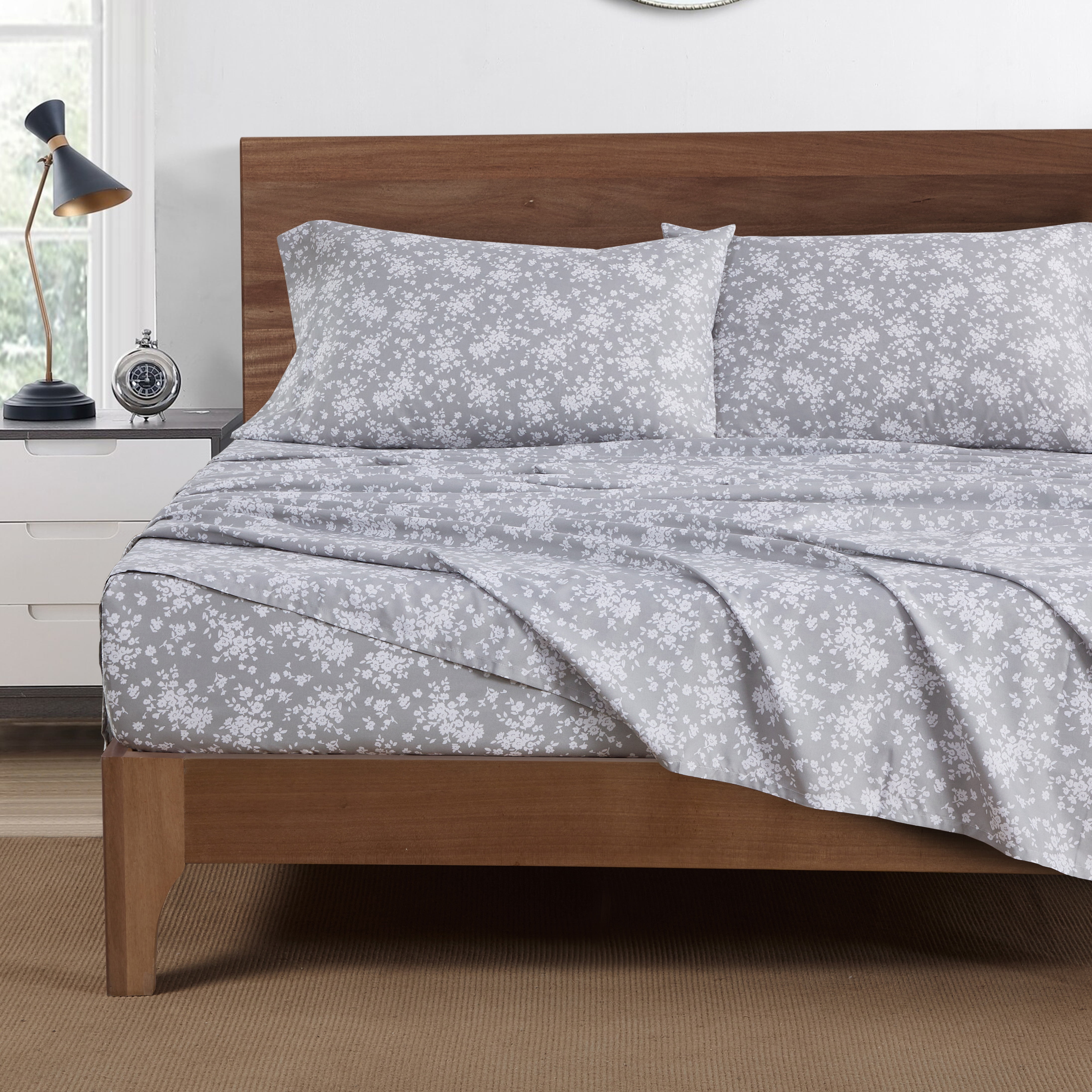 Mainstays Super Soft Brushed Microfiber Bed Sheet Set, King, Gray Floral, 4 Piece