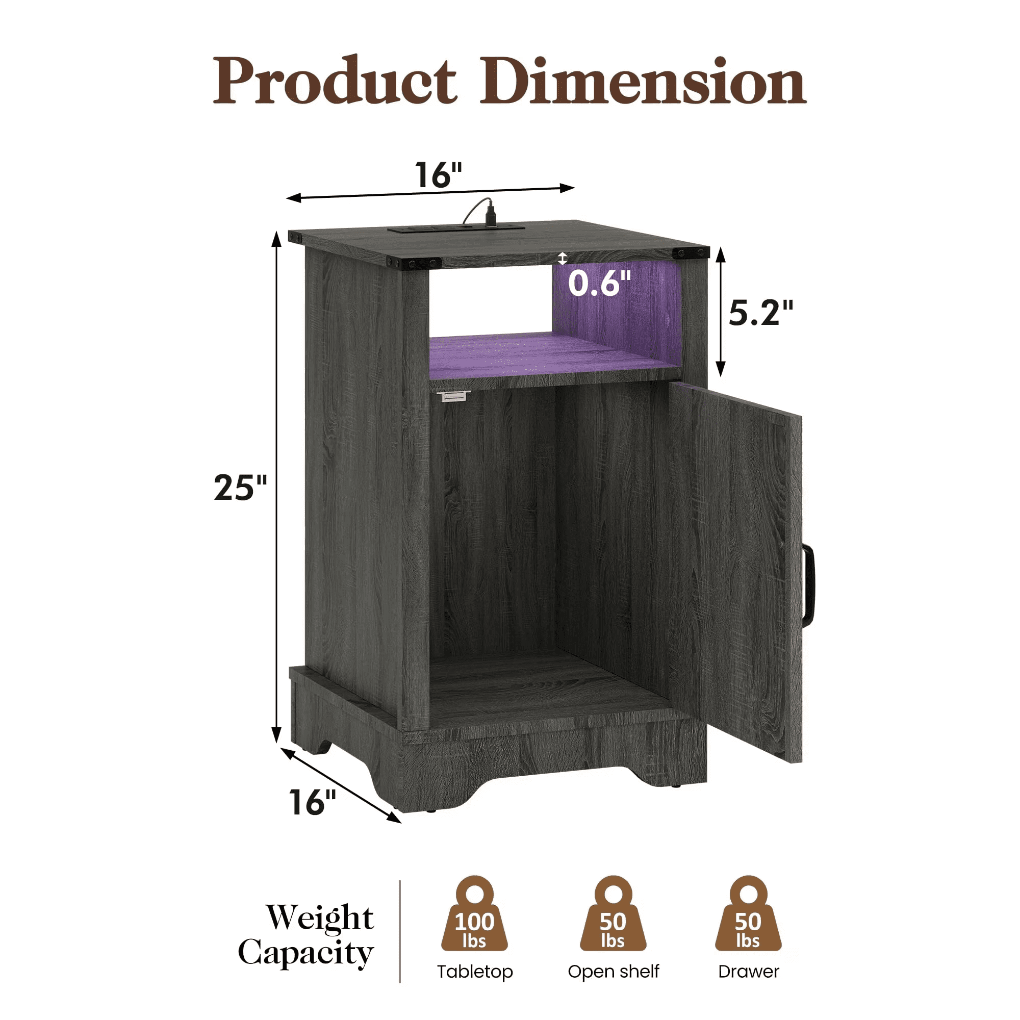 LED Nightstand with Charging Station, Bedside Table with Storage Cabinet and Shelf, Rustic End Table, Farmhouse Wooden Side Table, for Bedroom, Living Room, Dark Gray