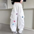 thumbnail image 2 of Bmisegm Girls Cargo Pants Wide Leg with 3D Floral Embroidery Casual Loose Fit Trousers for Kids Comfortable Playwear Trousers for Girls 6-16 Years 01_White,11-12 Years, 2 of 7