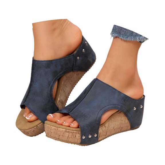 Bibifish Womens Slide Sandals Leather Thick Sole Wedge Heel Mule Sandals Non Casual Beach Shoes