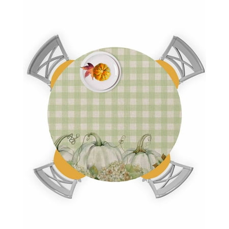 

Round Tablecloth with Elastic Fall Thanksgiving Pumpkin Hydrangea Green Plaid Linen Waterproof Stain-proof Table Cover Wipeable Fitted Table Cloths for 45 -54 Round Tables Dining Kitchen