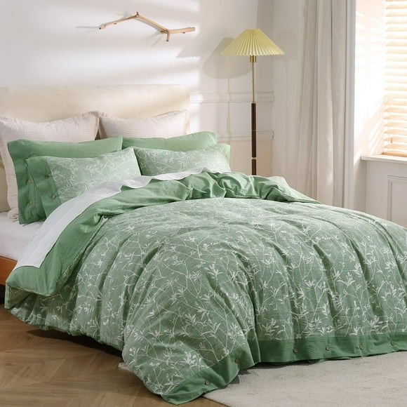 Queen - Linen  Blend Duvet Cover Set, Jacquard Green Floral Duvet Cover