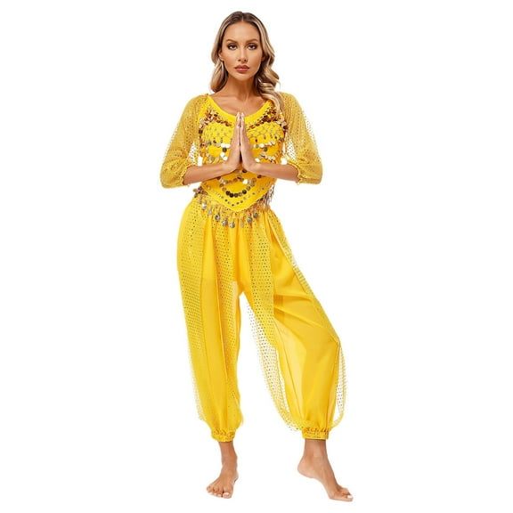 Alvivi Women Sequin Self-tie Back Belly Dance Crop Top Lantern Pants Bollywood Belly Dance Outfit Yellow One Size