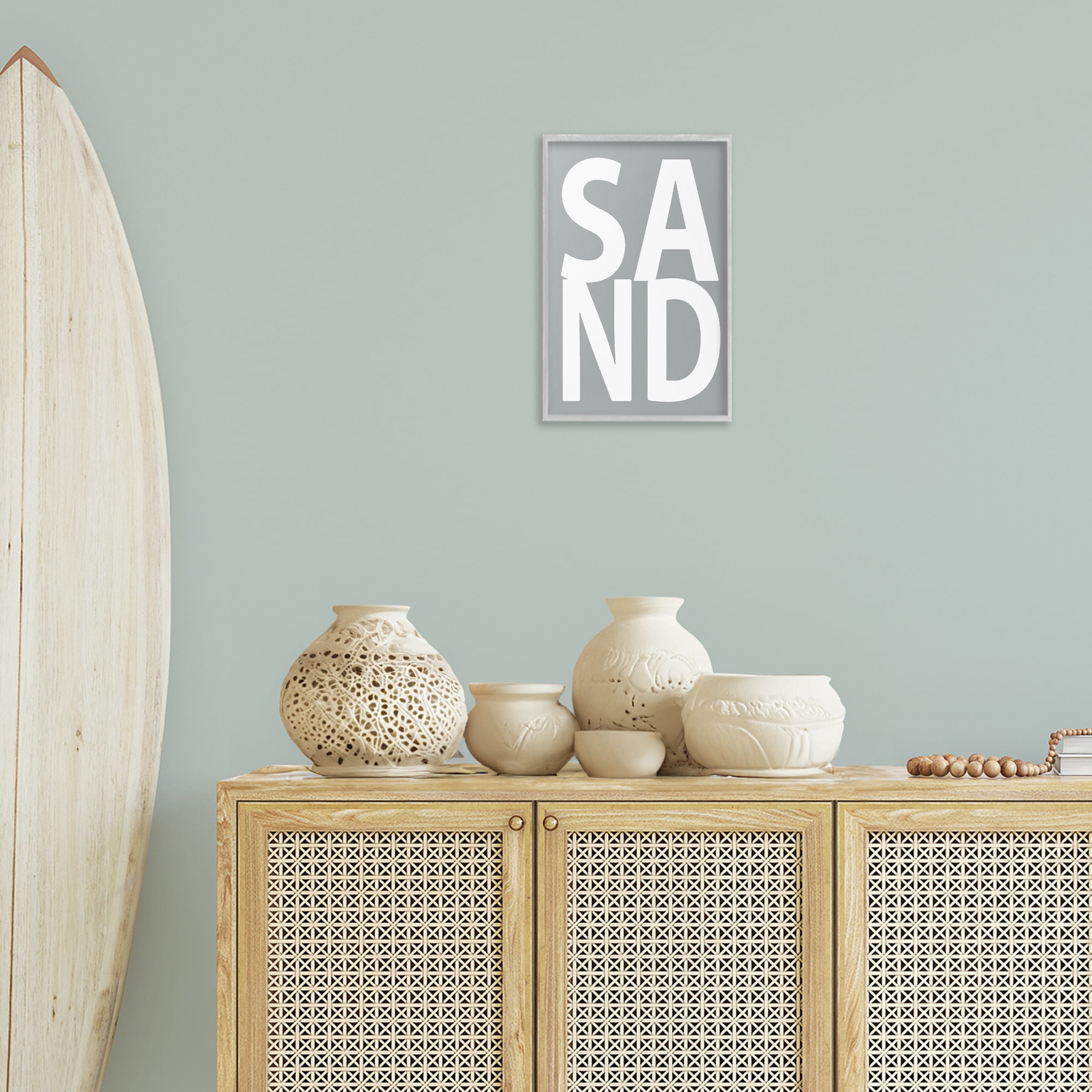 Stupell Industries Sand Word on Grey Typography Painting Gray Framed Art Print Wall Art, 12 x 18