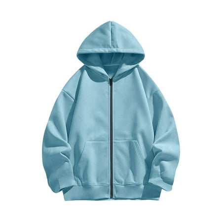 IVEYRTF Boys Girls Zip Up Hoodie Casual Jacket Long Sleeve Top with Pockets Full Zip Front Closure Kids Sweatshirt for Daily Wear School Travel Cold Weather(Light Blue#1 11-12 Years)
