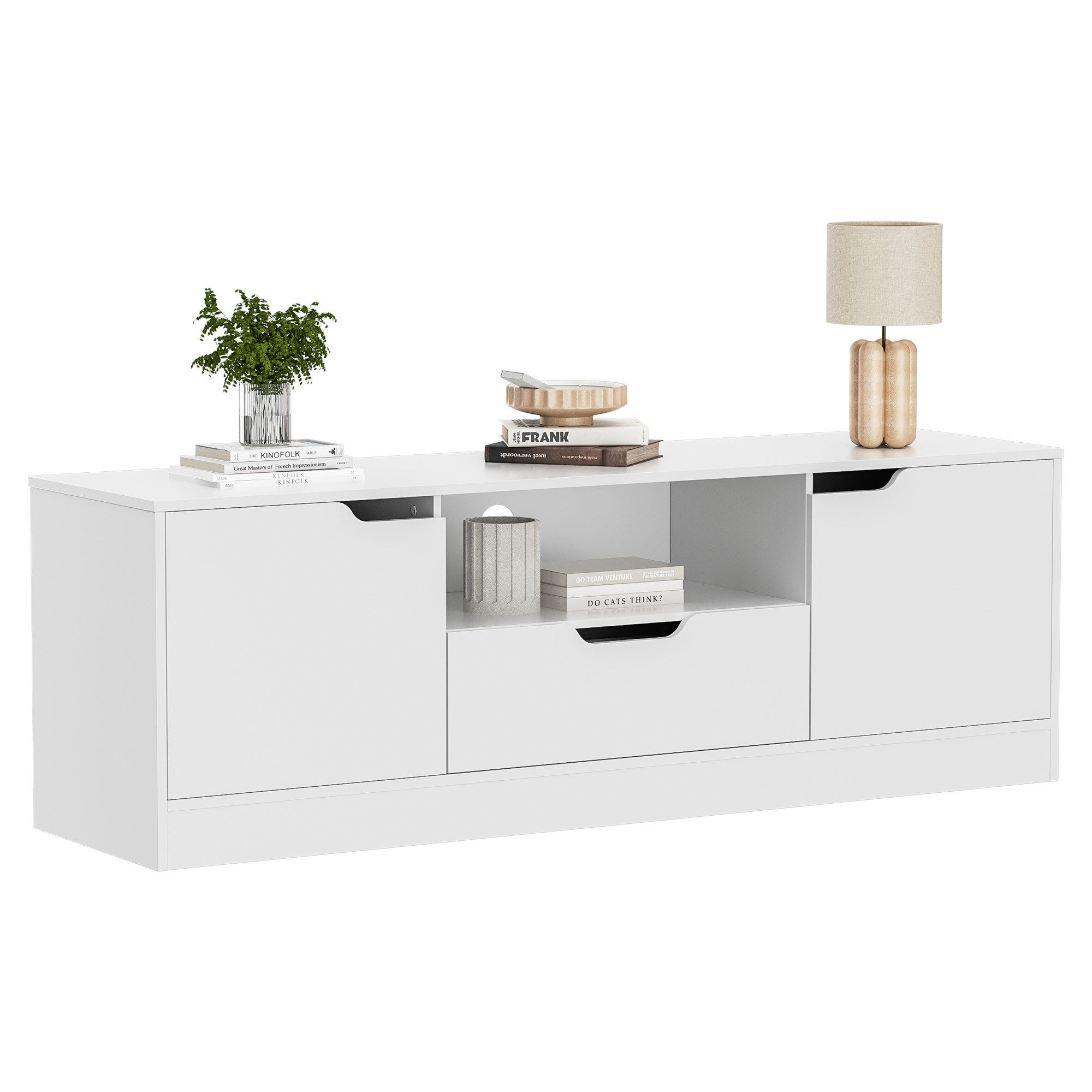 Modern TV Stand for 55/60/65 Inch TV, Media TV Console Table with 2 Doors & Drawer, Entertainment Center with Storage Cabinet for Living Room, Bedroom, White