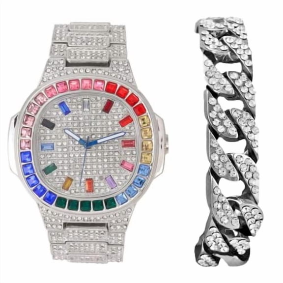 Charles Raymond Iced Out Mens Color on Blast Watch Single or Combo Sets with Blinged Out Bracelets Set. Iced Out Colourful Rainbow Flame Collection (ST10376-C SLV)