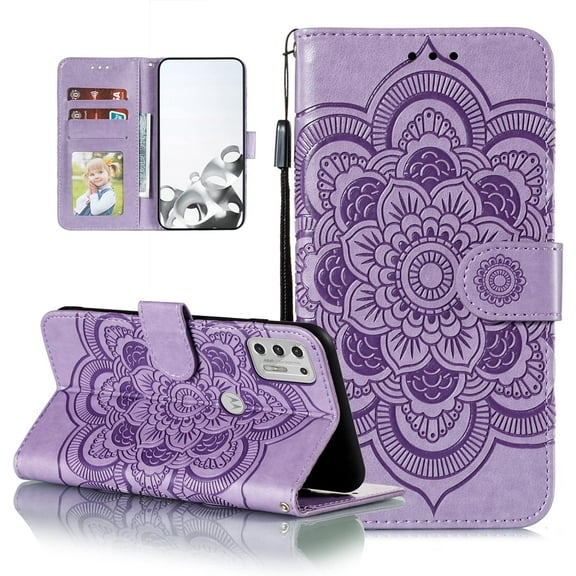 Mandala Case for Moto G Stylus 4G 2021, Premium Leather Flip Wallet Card Slots Magnetic Stand Protective Ultra Slim Shockproof Case with Lanyard, Embossed Flip Cover - Purple
