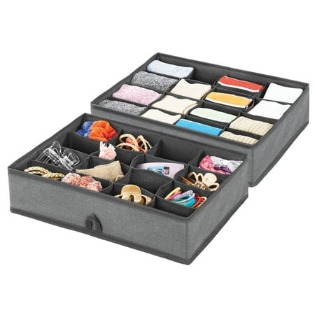 

mDesign Soft Fabric Dresser Drawer and Closet Storage Organizer Tray - 16 Sections for Lingerie Bras Socks Leggings Underwear Jewelry Scarves - Textured Print 2 Pack - Charcoal Gray/Black
