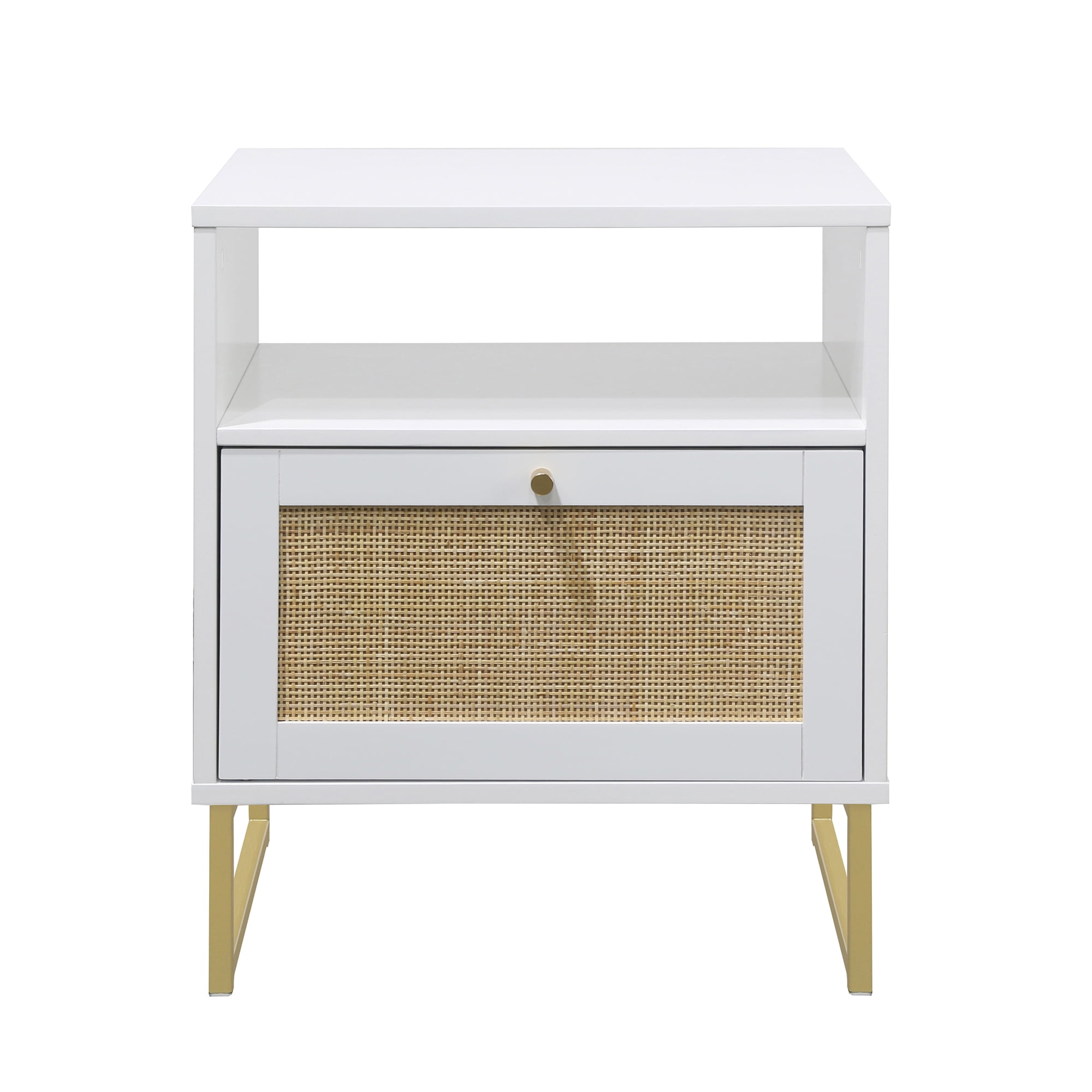 Nathan James Mina Square End Table with Rattan Drawer, White/Gold
