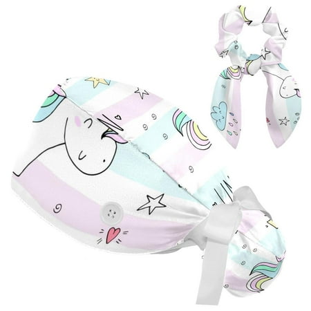 

Working Cap with Buttons and Sweatband Scrub Hat Bouffant Caps with Scrunchie Unicorn Tie Back Hats