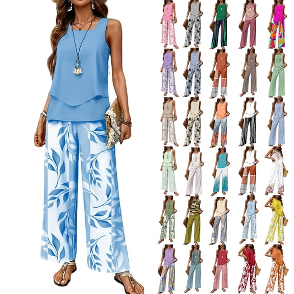 Women's 2-Piece Outfits Sets Summer Sleeveless Asymmetric Hem Top Wide-Leg Pants Lounge Set Boho Floral Going Out Matching Outfits