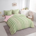 thumbnail image 2 of Castle Fairy Geometric Vertical Stripe King Bedding 7pcs,Minimalist Thin Line King Bed in a Bag,Sage Pink White,Reversible, 2 of 7