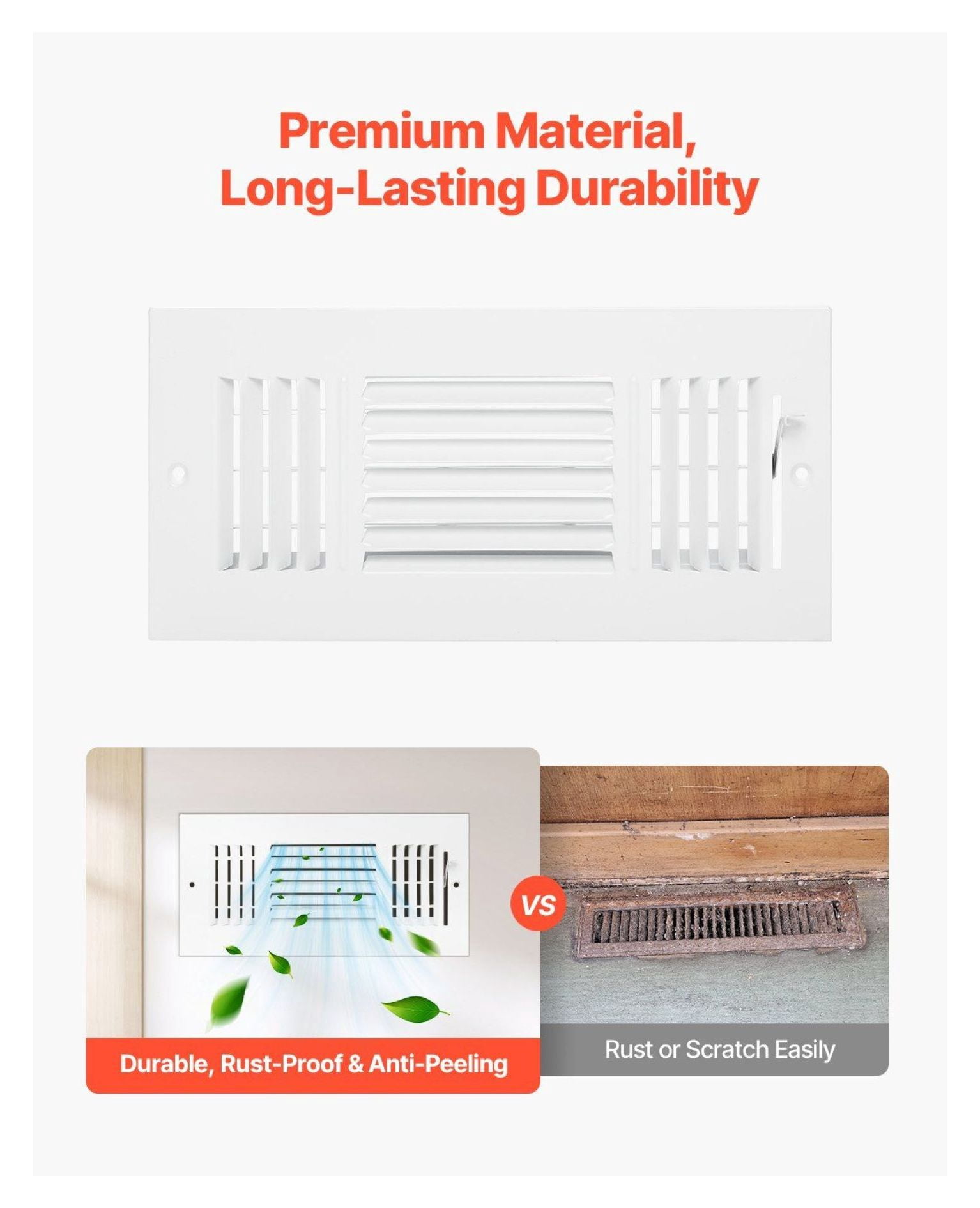 Floor Registers 4x10 Inch 6-Pack - White HVAC Vents - Iron Floor Air Vent Covers - Adjustable 3-Way Airflow - Durable Metal Grilles