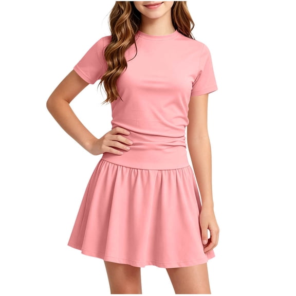 hlysgo Girls 2 Piece Skirt Sets Short Sleeve Y2K Tops and Skort with Built in Shorts Clothing Sets Summer Outfits Pink,120